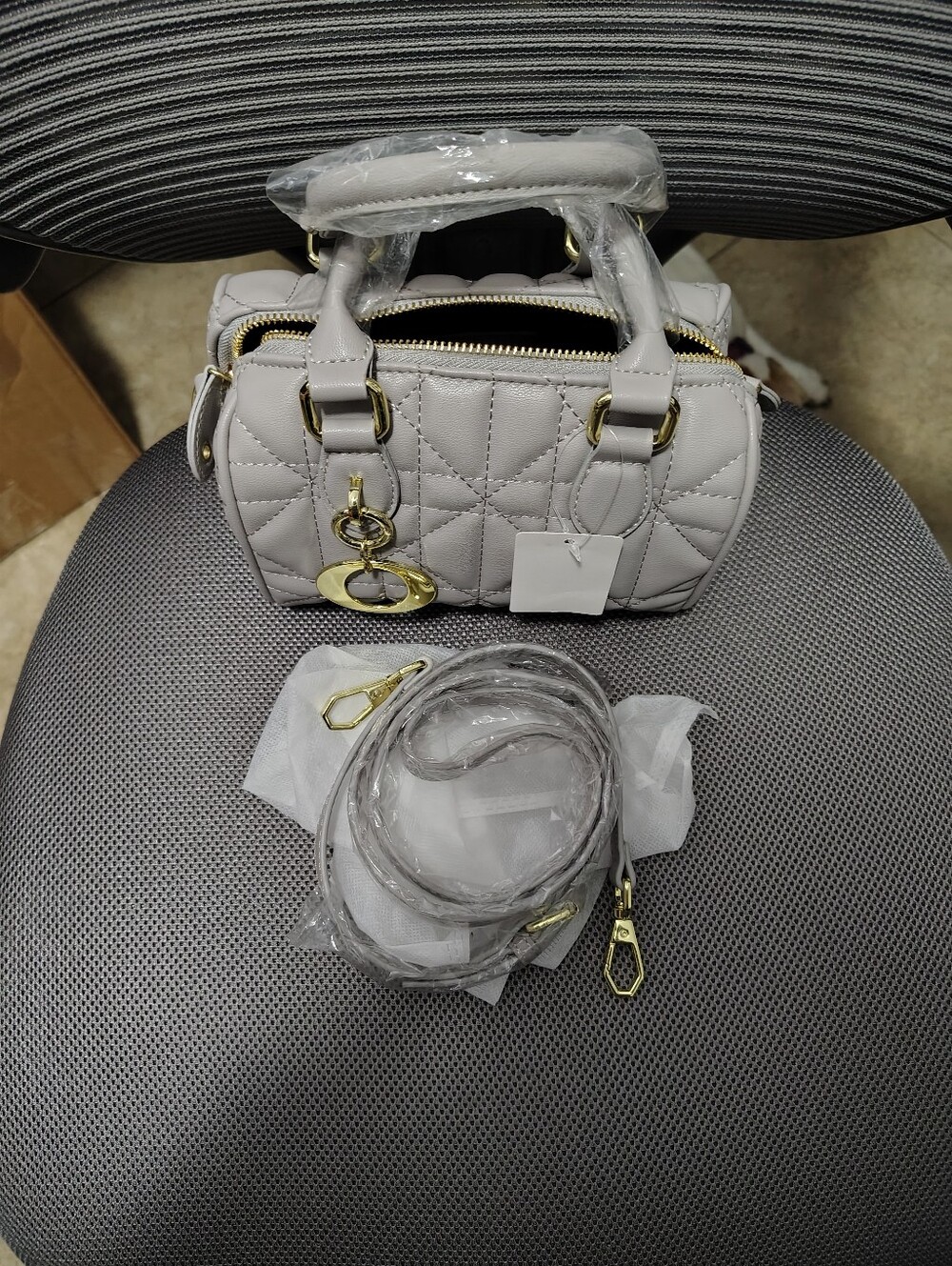 Quilted Light Gray Satchel Handbag with Gold Hardware And Crossbody Strap